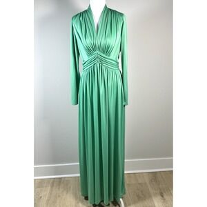 Vintage Miss Elliette Green Maxi Dress Ruched Empire Waist 70s Long Sleeve Sz 12
